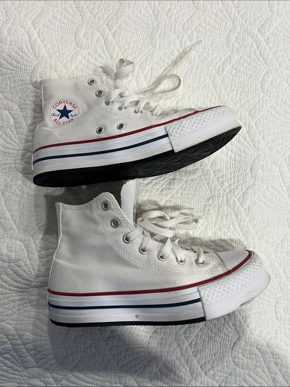 Converse Kids White High Top Sneakers with Red & Blue Trim